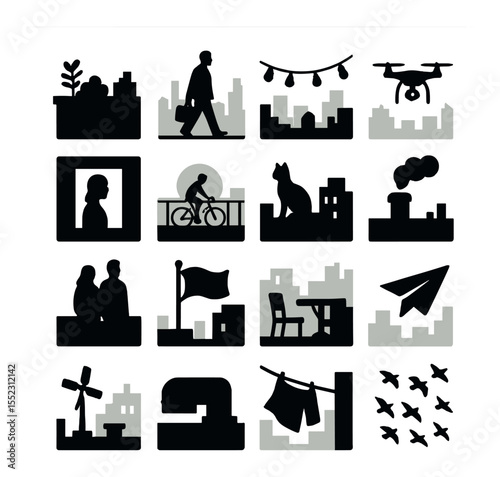 Skyline life details icons in silhouette solid black-filled shapes with clean, simple : rooftop garden, evening commuter silhouette, rooftop party lights, drone flying past buildings, window