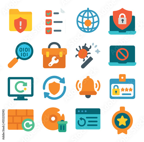 Response and containment icons in modern flat vector in minimalistic vibrant color design: security incident report file, breach response checklist, threat containment net, system lockdown photo