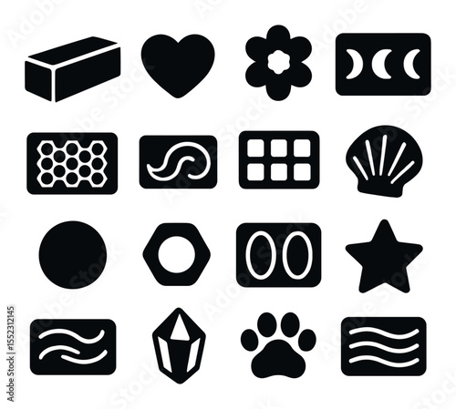 Soap mold shapes icons in silhouette solid black-filled shapes with clean, simple : rectangular loaf mold, heart-shaped cavity mold, flower mold tray, moon phase mold, honeycomb pattern mold,