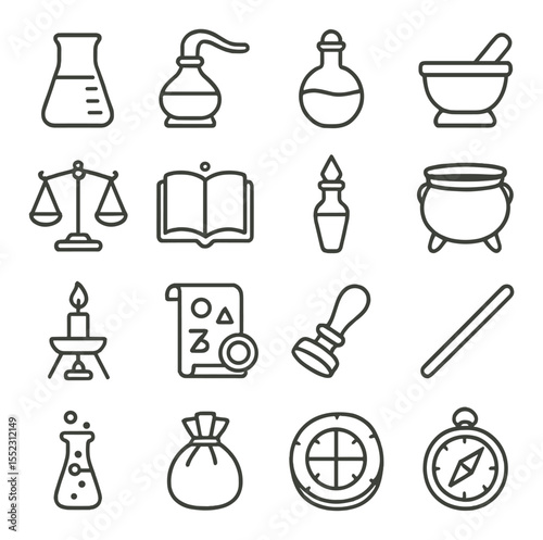 Classic alchemist tools icons in minimalistic line art : glass beaker, copper alembic, sealed flask, mortar and pestle, balance scale, open grimoire, crystal vial, iron cauldron, candle burner,