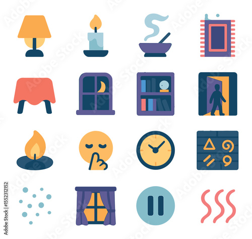 Atmosphere of the reading icons in modern flat vector in minimalistic vibrant color design: dim lamp with shade, candlelit glow, incense burner smoke, patterned rug, velvet throw over table,