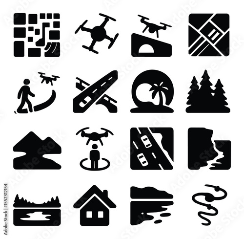 Aerial shot types icons in silhouette solid black-filled shapes with clean, simple : top-down city view, cinematic orbit shot, reveal tilt up, bird’s-eye rural field, follow tracking shot,
