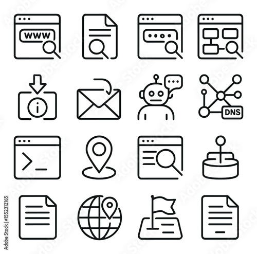 Reconnaissance tools icons in minimalistic line art : domain info scanner, WHOIS lookup file, subdomain finder tool, OSINT search panel, metadata extractor, email address harvester, social media