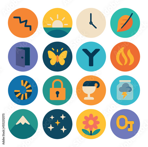 Fortune themes in the ball icons in modern flat vector in minimalistic vibrant color design: broken path symbol, rising sun glow, clock with no hands, falling leaf, open door image, glowing