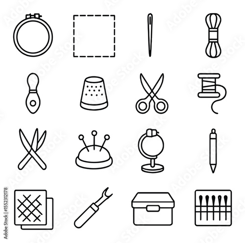 Embroidery tools and materials icons in minimalistic line art : embroidery hoop, fabric square, embroidery needle, floss skein, needle threader, thimble, fabric scissors, bobbin winder, thread