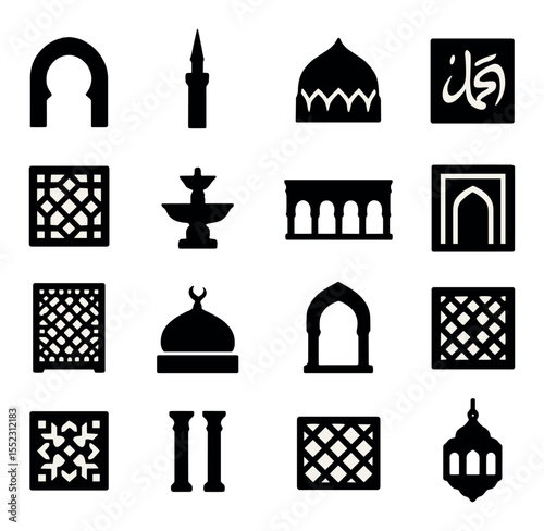 Islamic architecture icons in silhouette solid black-filled shapes with clean, simple : horseshoe arch, pointed minaret, muqarnas dome, calligraphy wall tile, geometric window grill, fountain