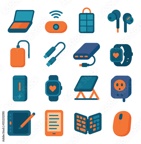 Nomadic tech gear icons in modern flat vector in minimalistic vibrant color design: foldable laptop, wireless hotspot device, portable solar charger, noise-canceling earbuds, external SSD,