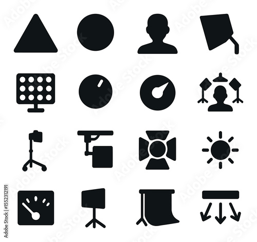 Lighting and exposure setup icons in silhouette solid black-filled shapes with clean, simple : key light triangle, fill light indicator, backlight icon, bounce card reflector, RGB light panel,