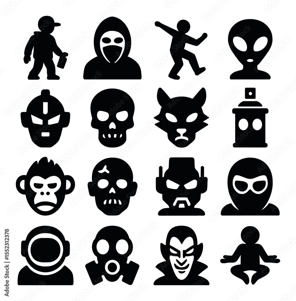 Fototapeta premium Graffiti character s icons in silhouette solid black-filled shapes with clean, simple : street artist figure, hoodie with mask, urban dancer silhouette, cartoon alien, robotic face, graffiti-