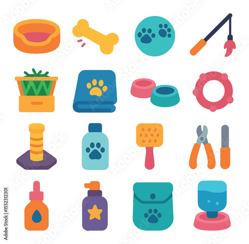 Care and comfort items icons in modern flat vector in minimalistic vibrant color design: soft pet bed, squeaky bone toy, ball with paw prints, cat teaser wand, hay feeder box, cozy blanket with