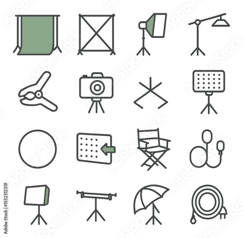 Studio green screen setup icons in minimalistic line art : green fabric backdrop, collapsible background frame, lighting softbox, overhead boom arm, backdrop stand clamp, tripod-mounted camera,