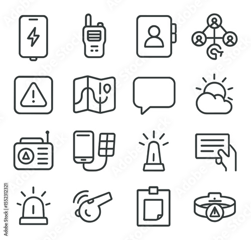 Communication and alerts in outage icons in minimalistic line art : charged phone, two-way radio, paper contact list, neighborhood phone tree, emergency app icon, printed map with route, text