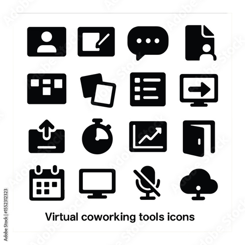 Virtual coworking tools icons in silhouette solid black-filled shapes with clean, simple : video call screen, shared whiteboard, virtual chat bubble, collaborative document icon, task board