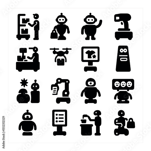 Retail robot assistant icons in silhouette solid black-filled shapes with clean, simple : shelf restocking robot, shopping guide bot, customer greeting robot, smart pricing scanner, robotic