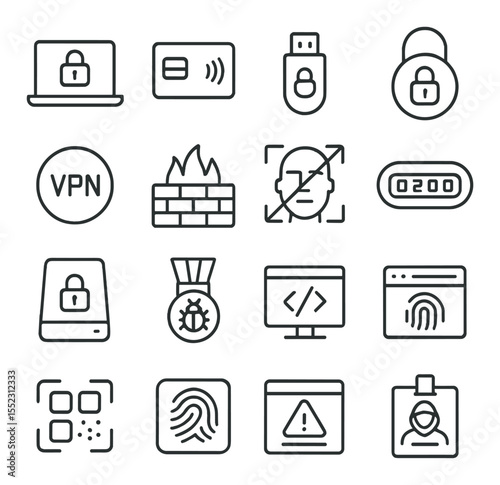 Cybersecurity gear icons in minimalistic line art : secure laptop with lock, RFID blocking card, USB data blocker, digital padlock icon, VPN tunnel icon, firewall wall grid, facial recognition