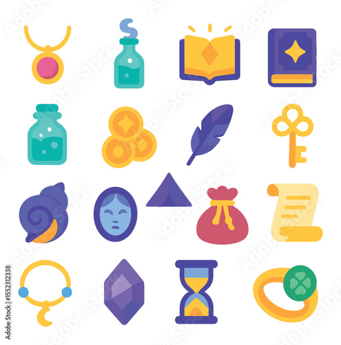 Enchanted items around the tent icons in modern flat vector in minimalistic vibrant color design: enchanted necklace, spirit bottle, glowing book of fate, tarot deck box, potion jar with