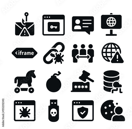 Digital infiltration methods icons in silhouette solid black-filled shapes with clean, simple : phishing email alert, keylogger window, social engineering message, spoofed domain sign, hidden