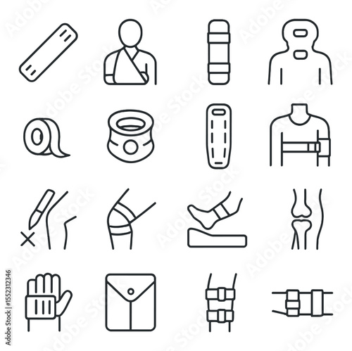 Fracture and immobilization gear icons in minimalistic line art : splint board, sling triangle cloth, rigid arm splint, foam padded splint, immobilization tape, neck collar, backboard icon,