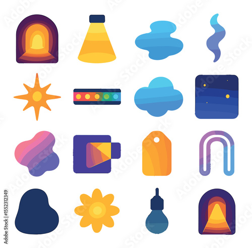 Lighting and atmosphere icons in modern flat vector in minimalistic vibrant color design: tunnel glow effect, spotlight beam, reflective puddle, smoke trail, flare light, colored LED strip,