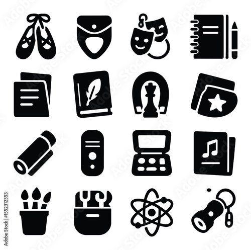 After-school activities locker icons in silhouette solid black-filled shapes with clean, simple : dance shoes, guitar pick pouch, drama mask keychain, sketchpad and pencils, debate notes folder