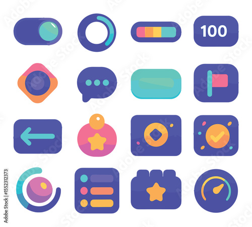 Gamified UI elements icons in modern flat vector in minimalistic vibrant color design: toggle button with effect, glowing progress ring, animated status bar, interactive points tracker, action