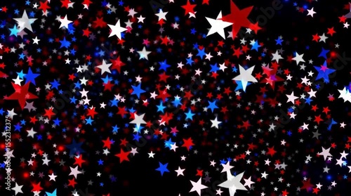 Red, white and blue stars scattered across a black background, festive and patriotic abstract design for American celebrations. Independence day
