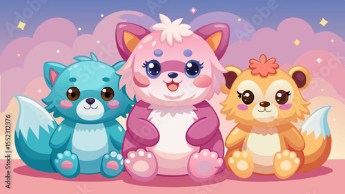 Pastel plush animals posing on a pink backdrop, adorable fluffy toys for website design