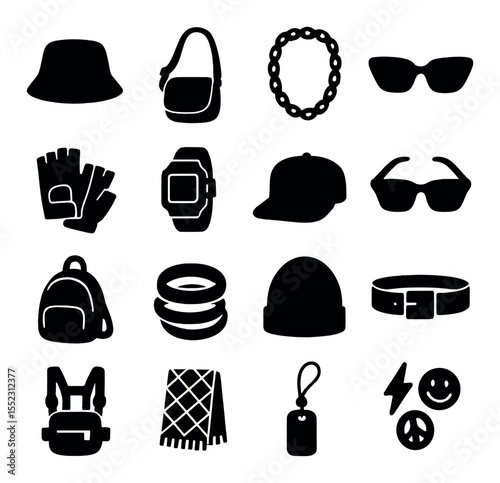 Urban accessories pack icons in silhouette solid black-filled shapes with clean, simple : bucket hat, crossbody bag, chain necklace, statement sunglasses, fingerless gloves, digital watch,