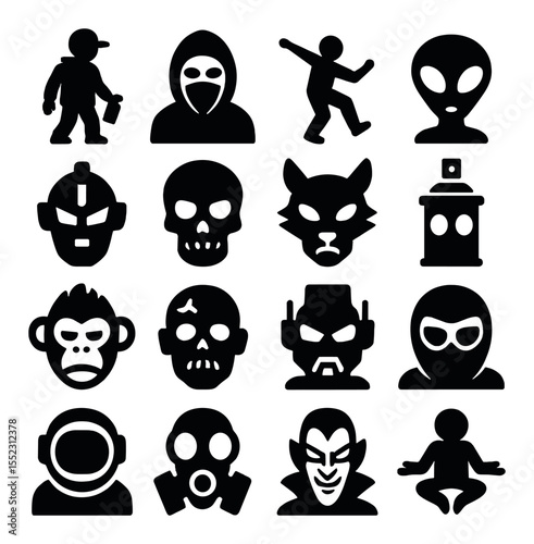 Graffiti character s icons in silhouette solid black-filled shapes with clean, simple : street artist figure, hoodie with mask, urban dancer silhouette, cartoon alien, robotic face, graffiti-