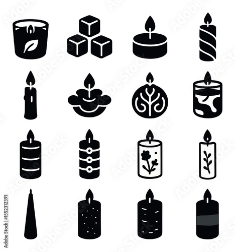 Types of finished candles icons in silhouette solid black-filled shapes with clean, simple : scented glass candle, wax melt cubes, tea light in tin, pillar candle with swirl, taper candle with