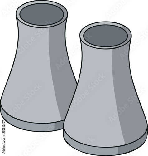 Industrial cooling towers vector illustration showing two gray cylindrical chimneys for power plant design and energy production concepts 