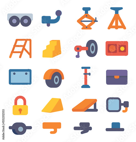 Mobile foundations icons in modern flat vector in minimalistic vibrant color design: trailer chassis, tow hitch, wheel stabilizer, jack stand, foldable stairs, leveling block, detachable axle,