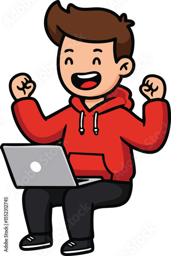 Excited young man celebrating success with laptop computer in red hoodie vector illustration 