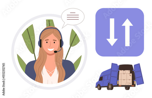 Smiling customer service agent with headset, arrows for import-export concept, and delivery van with boxes. Ideal for logistics, communication, e-commerce, transport, shipping, support teamwork