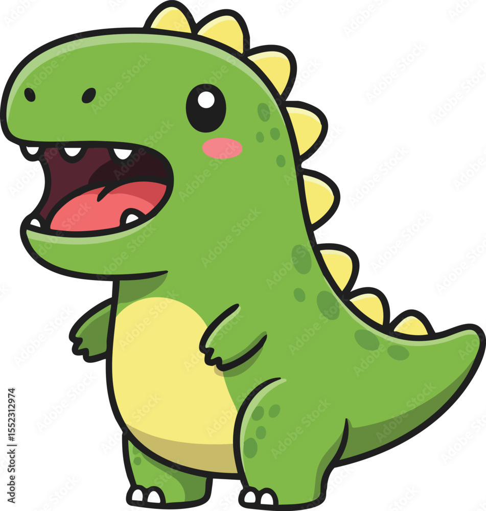 Fototapeta premium Cute green dinosaur cartoon character with yellow spikes and open mouth smiling vector illustration 