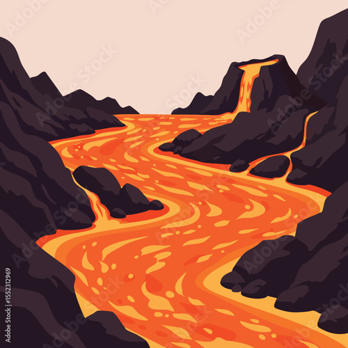 Lava river flowing through rocky volcanic landscape with glowing molten lava illustration in warm orange and dark brown colors 