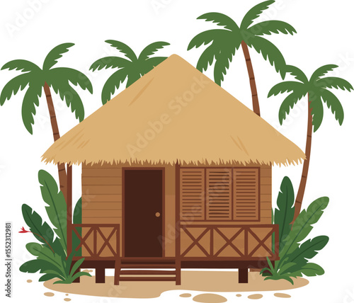 Tropical wooden hut surrounded by palm trees and lush plants in natural setting vector illustration 