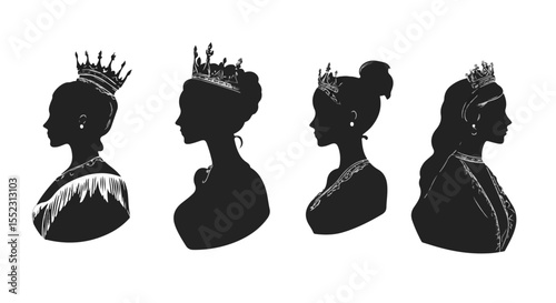 Royal silhouettes exhibit regal elegance, featuring queens adorned with crowns in a stylish graphic composition.