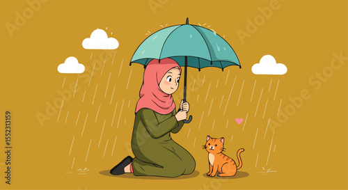 Muslim Woman Holding an Umbrella Protecting a Cat from the Rain