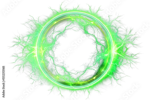 Glowing green electric energy ring with lightning bursts and yellow inner circle isolated on a transparent background