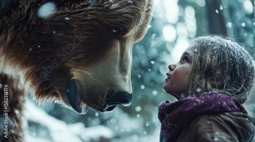 A captivating scene of a child gazing up at a bear in a snowy forest, capturing the beauty of nature and the innocence of childhood in a magical winter setting.