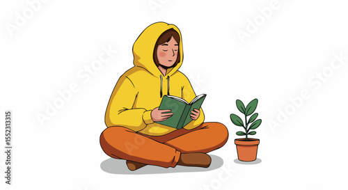 Person Sitting Comfortably Reading a Book with a Plant by Their Side
