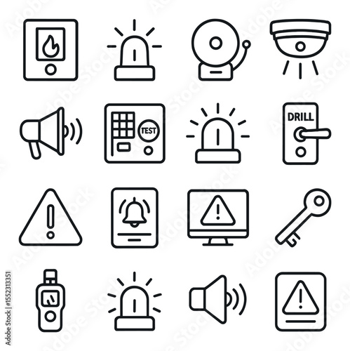 Fire drill alarm and alert system icons in minimalistic line art : wall-mounted fire alarm, flashing red beacon, emergency bell icon, smoke detector, fire drill announcement speaker, control