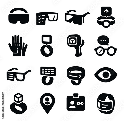 AR-enhanced work wearables icons in silhouette solid black-filled shapes with clean, simple : augmented reality headset, holographic task glasses, see-through display visor, spatial instruction