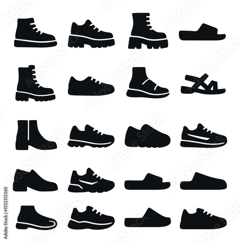 Sneaker and footwear haul icons in silhouette solid black-filled shapes with clean, simple : high-top sneakers, chunky sole shoes, platform boots, slide sandals, lace-up combat boots, low-top