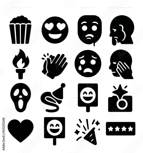 Emotion-themed props icons in silhouette solid black-filled shapes with clean, simple : popcorn bucket, heart eyes emoji, shocked emoji mask, thinking emoji board, fire emoji torch, clapping