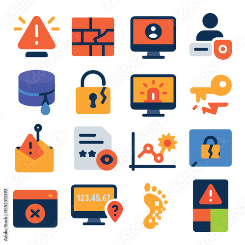 Breach indicators and alerts icons in modern flat vector in minimalistic vibrant color design: flashing warning triangle, breached firewall wall, red access denied screen, login anomaly icon,