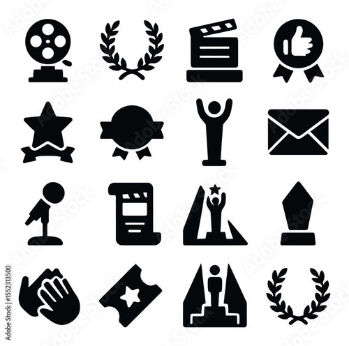 Award and recognition symbols icons in silhouette solid black-filled shapes with clean, simple : golden film reel trophy, laurel wreath badge, best director plaque, jury pick icon, viewer’s