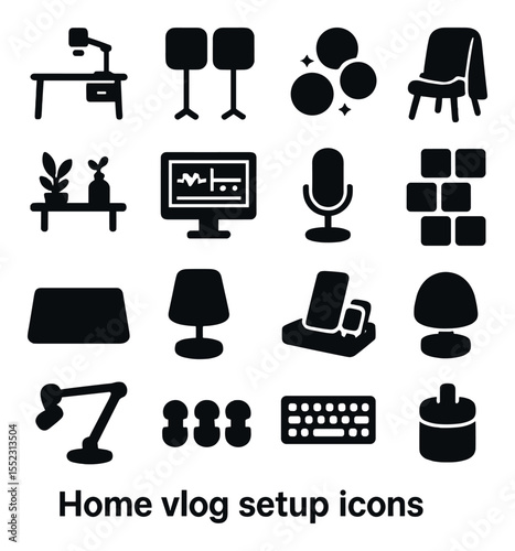 Home vlog setup icons in silhouette solid black-filled shapes with clean, simple : desk with camera mount, wall LED panels, aesthetic background lights, chair with blanket, plant decor on shelf