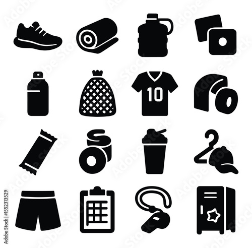 Sports-themed locker gear icons in silhouette solid black-filled shapes with clean, simple : gym shoes, rolled towel, water jug, sweatband set, deodorant spray, mesh laundry bag, team jersey,